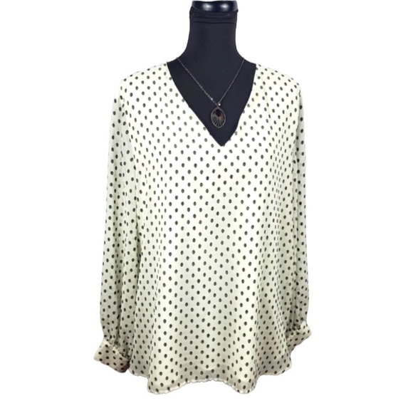 Banana Republic white & black long sleeve v neck polka dot blouse sheer arms, S - Picture 1 of 7